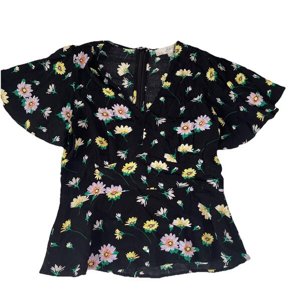 LOFT Black Peplum Style Floral Short Sleeve Blouse with Back Zipper - Size 0 - Picture 1 of 5
